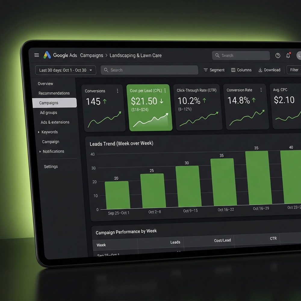 Google Ads campaign dashboard for landscaping companies